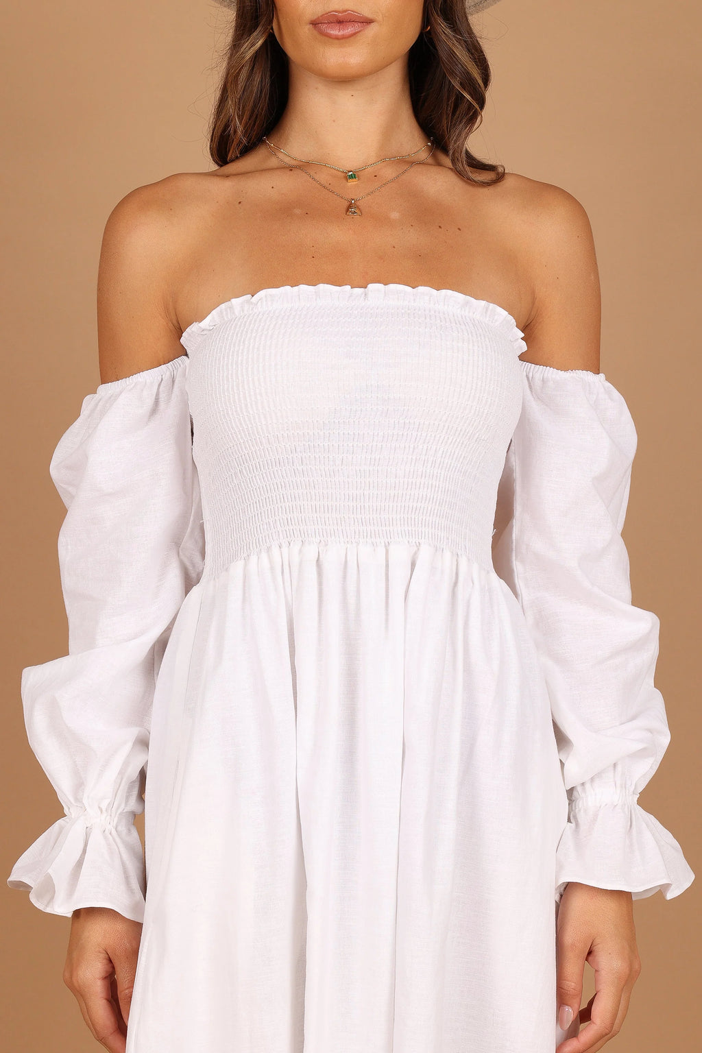 Domenica Shirred Long Sleeve Midi Dress - White