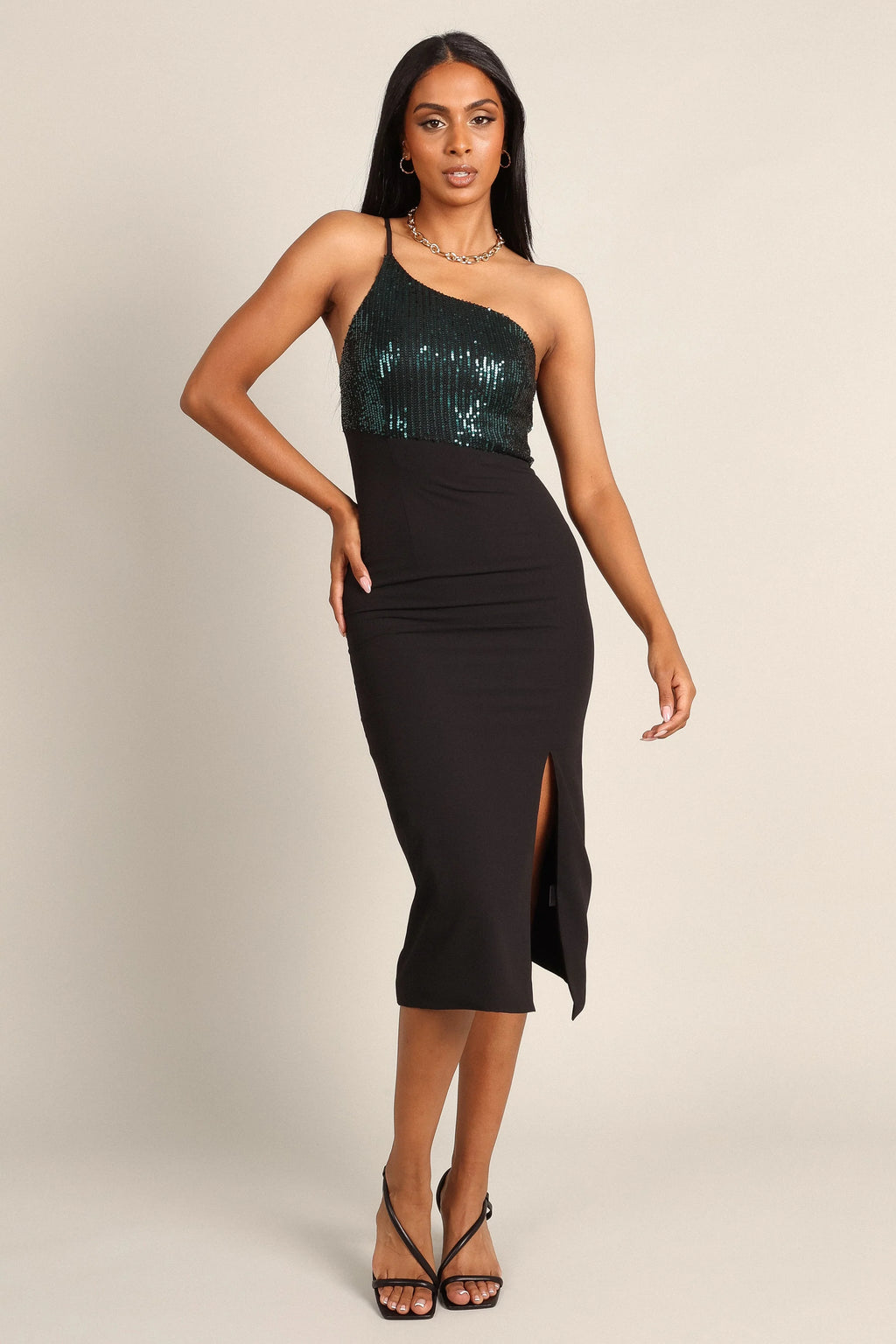 Xayne One Shoulder Sequin Midi Dress - Black/Emerald