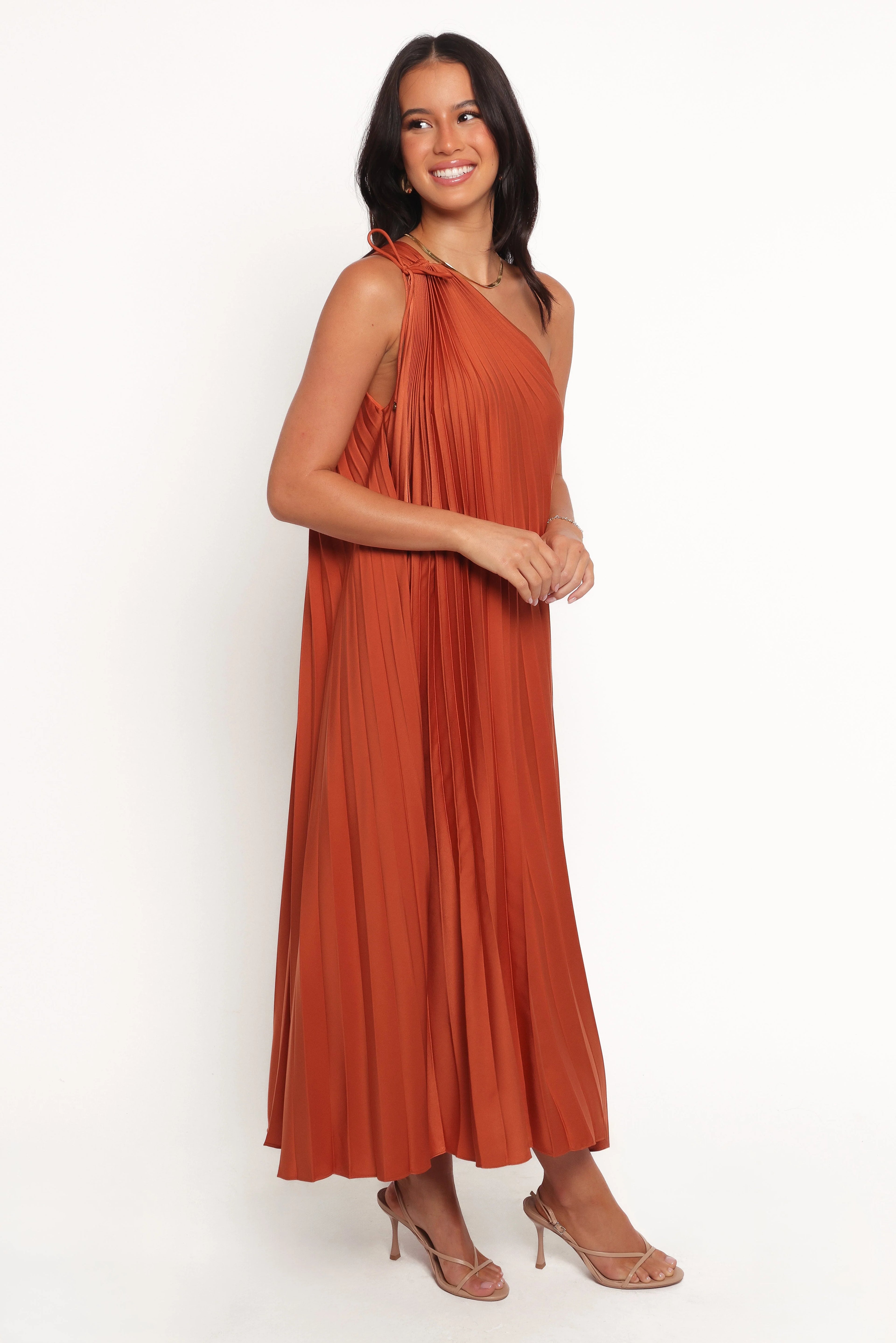 Selena One Shoulder Midi Dress - Russet Bronze