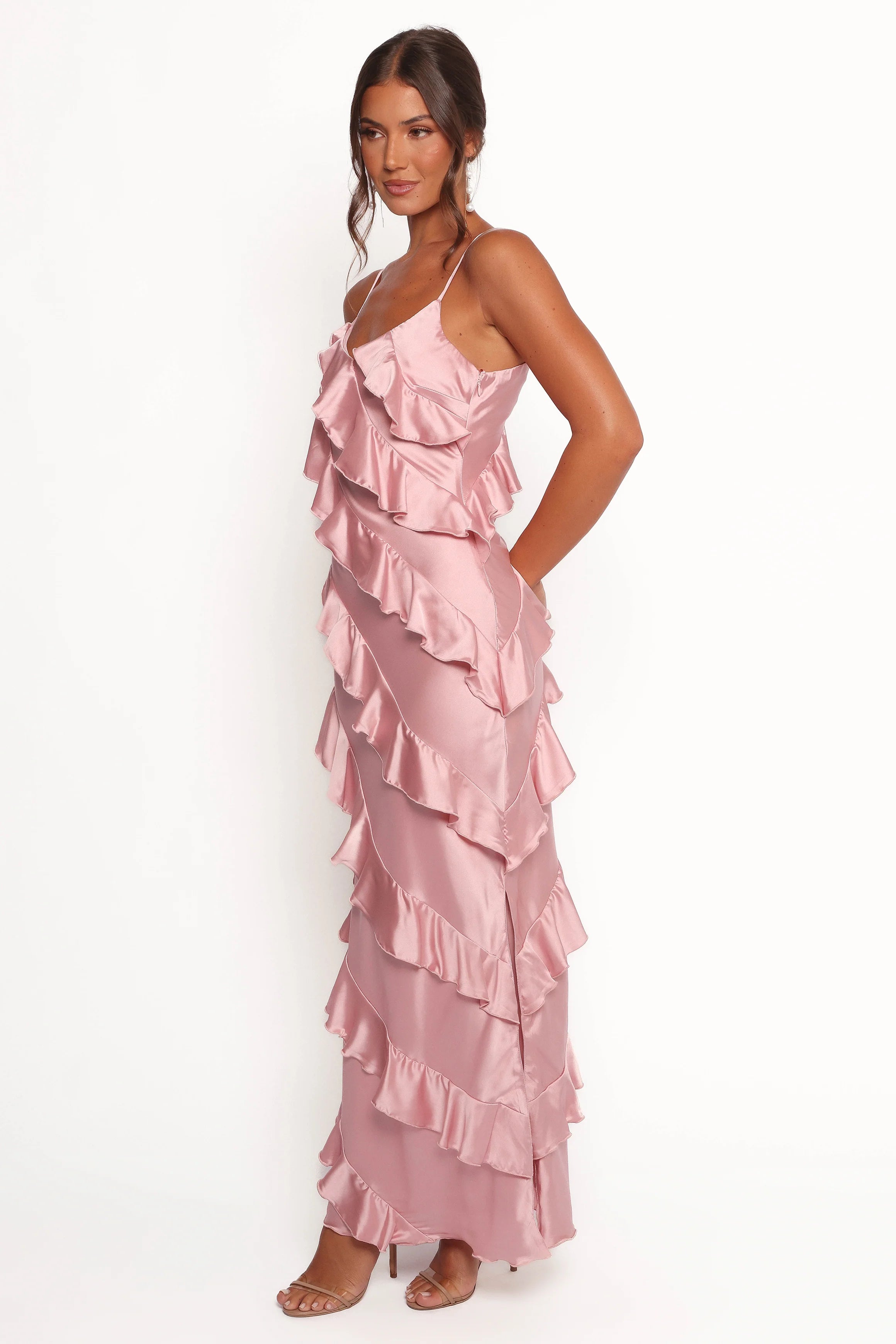 Ciao Ruffles Maxi Satin Dress - Pink