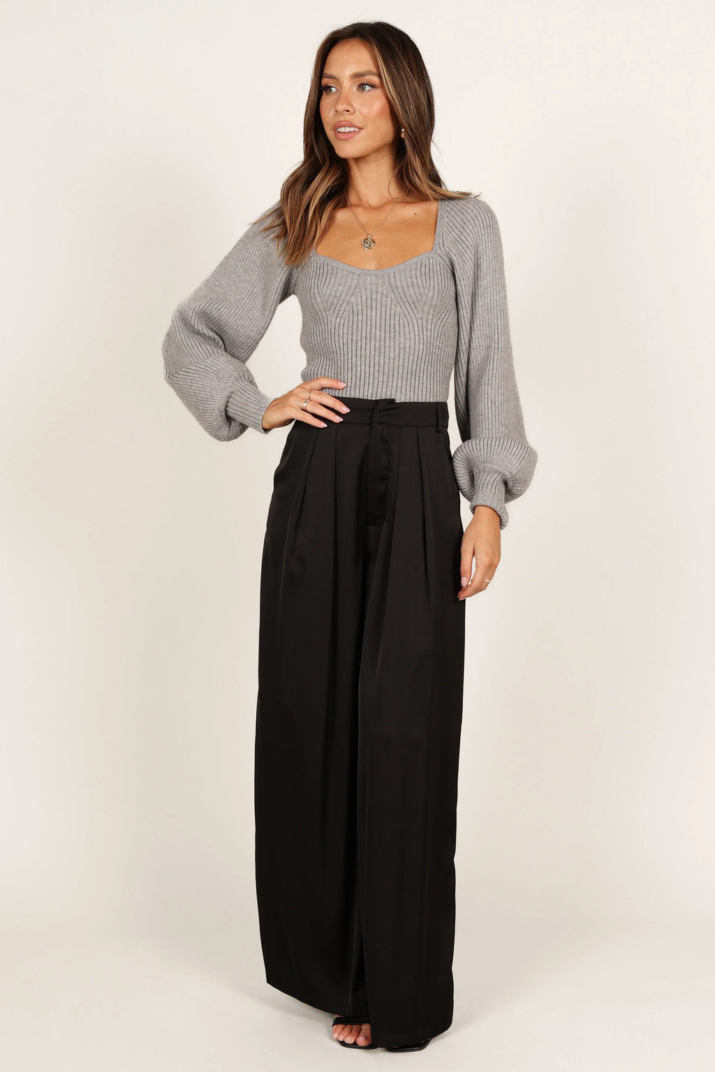 Gia Sweetheart Neck Bell Sleeve Knit Sweater - Light Grey