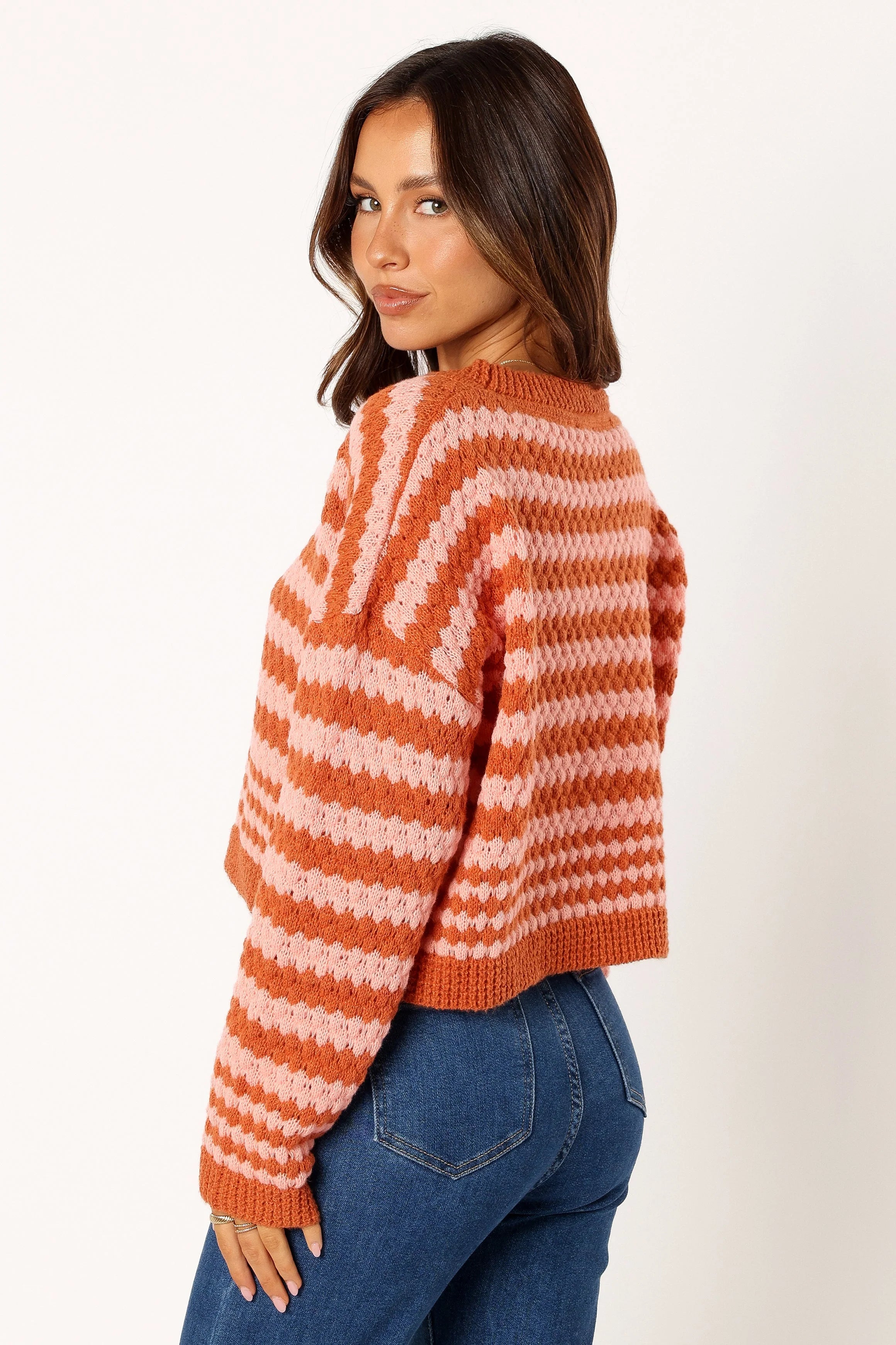 Yasmin Striped Crewneck Knit Sweater - Orange Pink