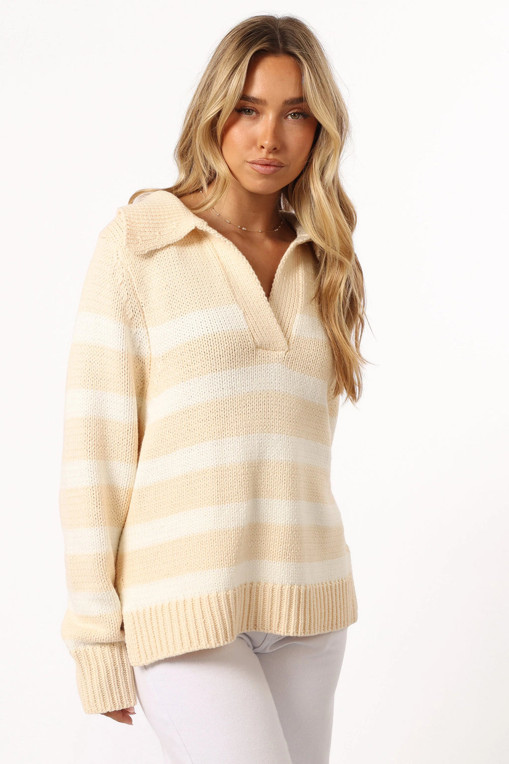 Shea Striped Collar Knit Sweater - Cream