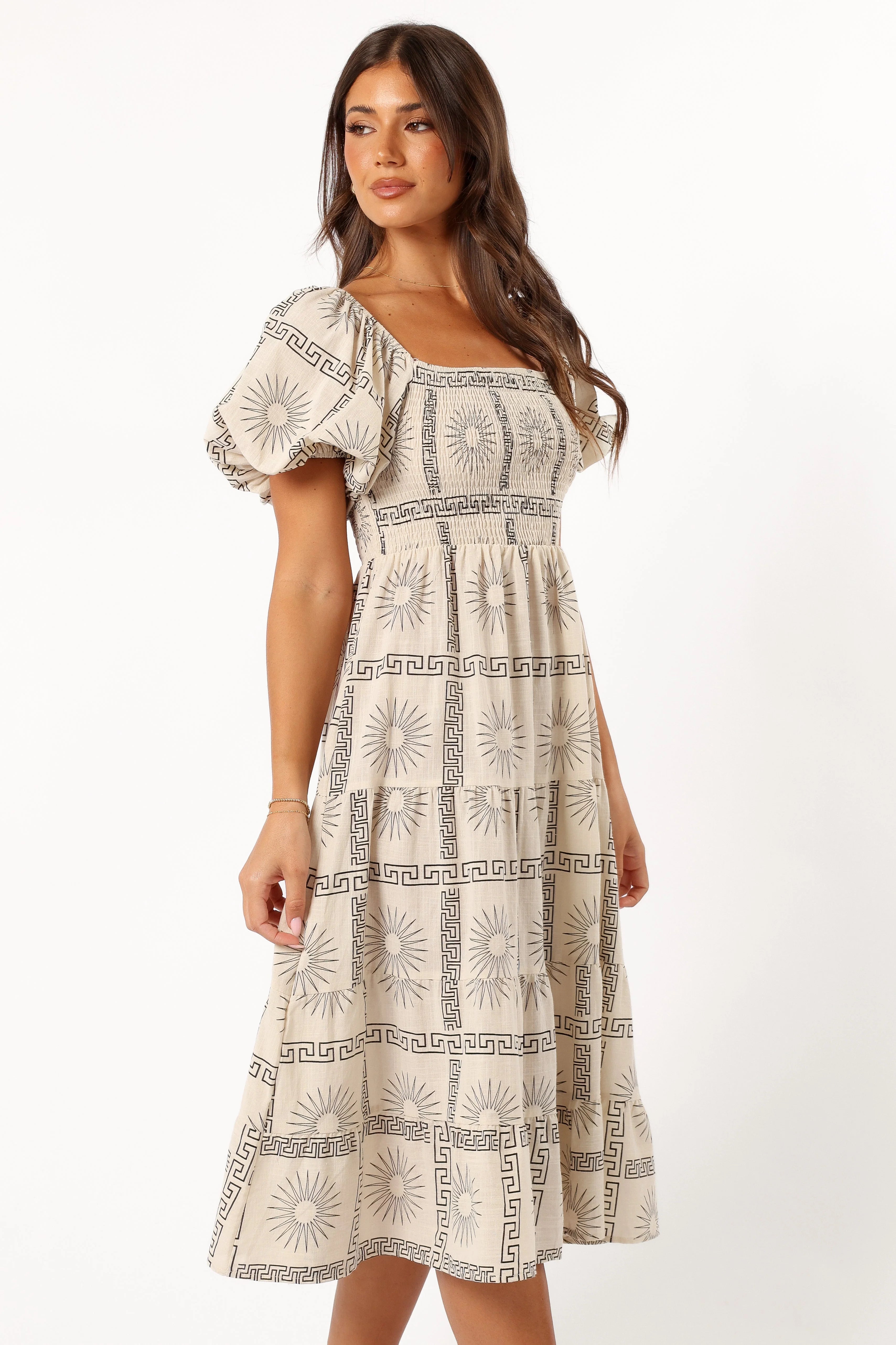 Soliel Puff Sleeve Midi Dress - Beige Black